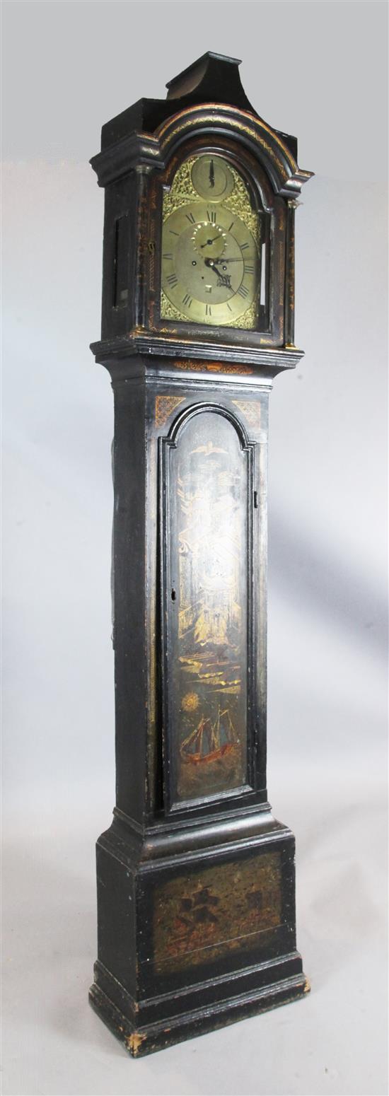 An early 18th century black lacquered eight day longcase clock, 7ft 7in.